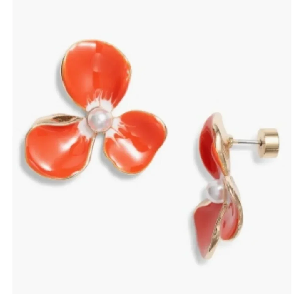 Nordstrom Painted Pansy Stud Earrings – Coral/Gold – NWT